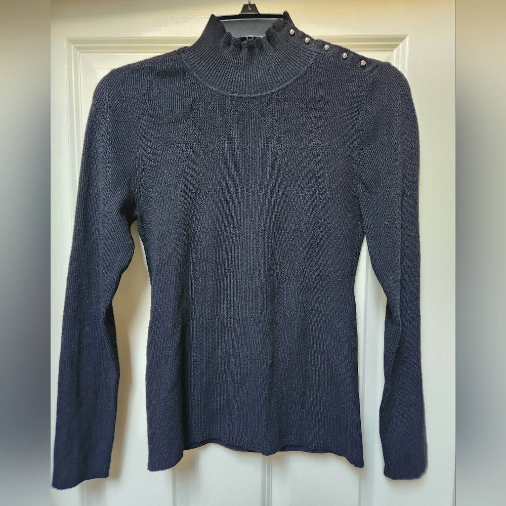 White House Black Market Black Mock Neck Button-Detail Sweater, Small